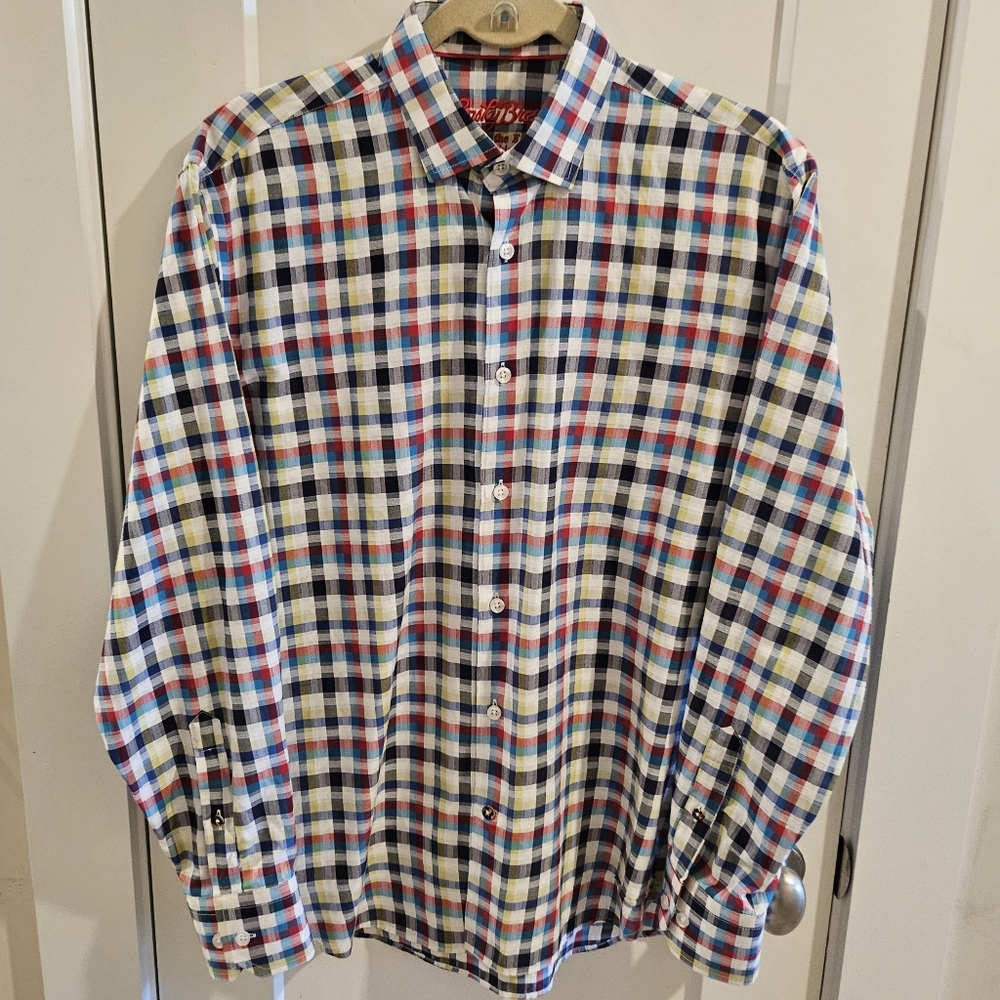 Lansky Bros Memphis Button-Down Shirt - Check Plaid Floral Cuff - Size Medium